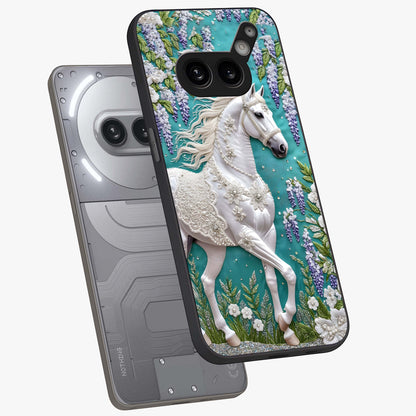 Majestic Floral Stallion Glass Case displayed in angled mockup highlighting majestic stallion illustration with elegant floral aesthetic.