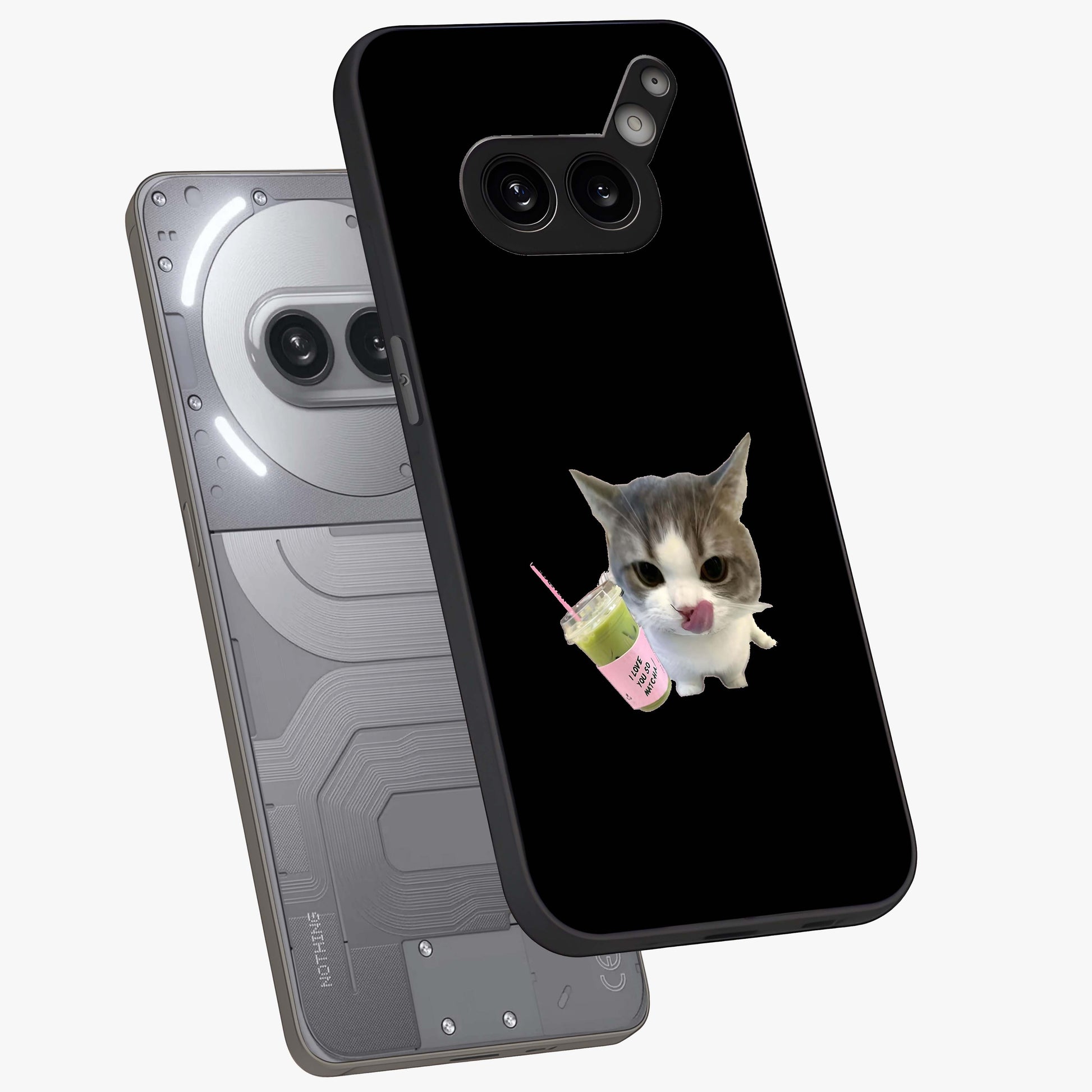 Matcha Cat Style Glass Case displayed in angled mockup highlighting playful feline design with pastel matcha aesthetic.