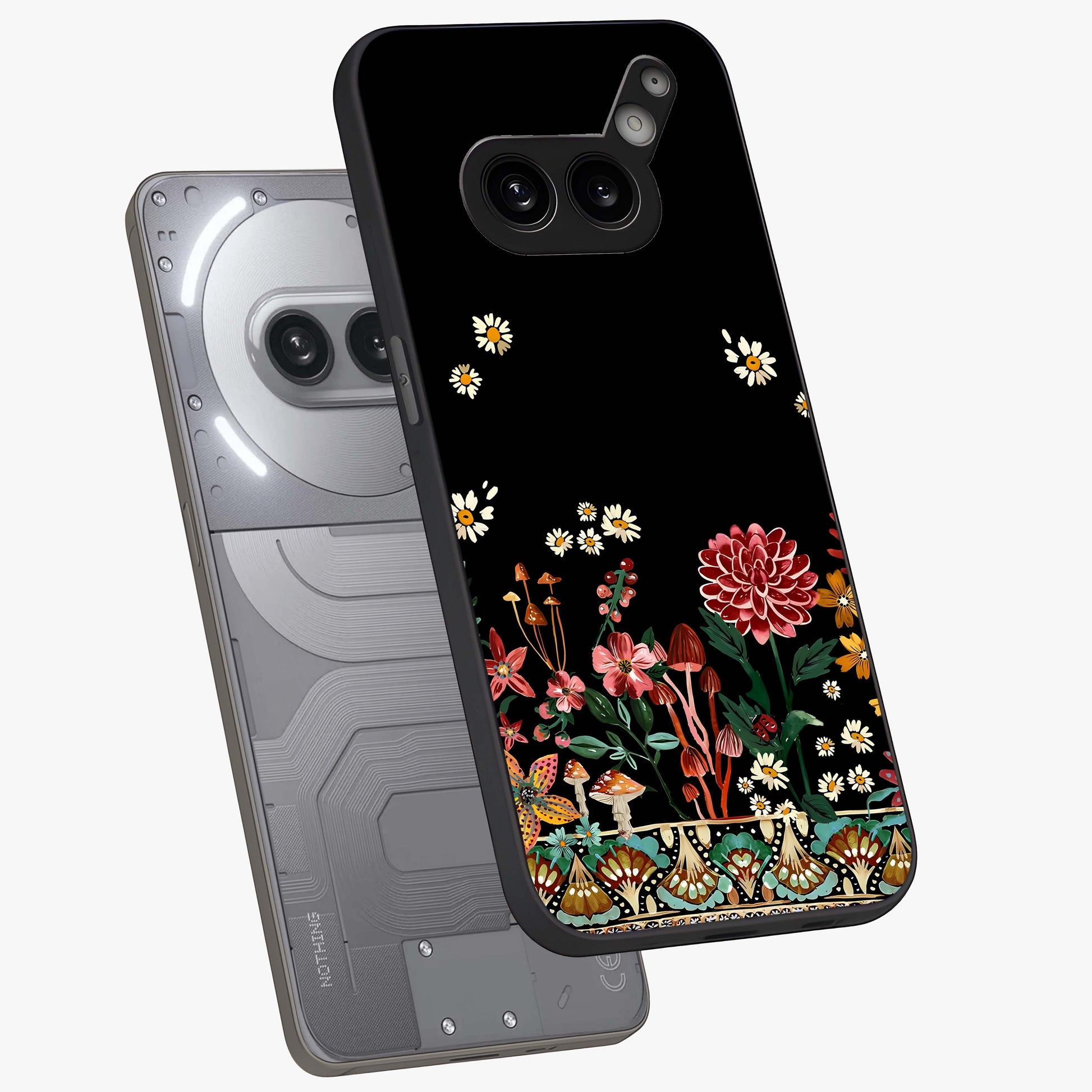 Midnight Bloom Pattern Glass Case displayed in angled mockup highlighting elegant flower design with midnight aesthetic style.