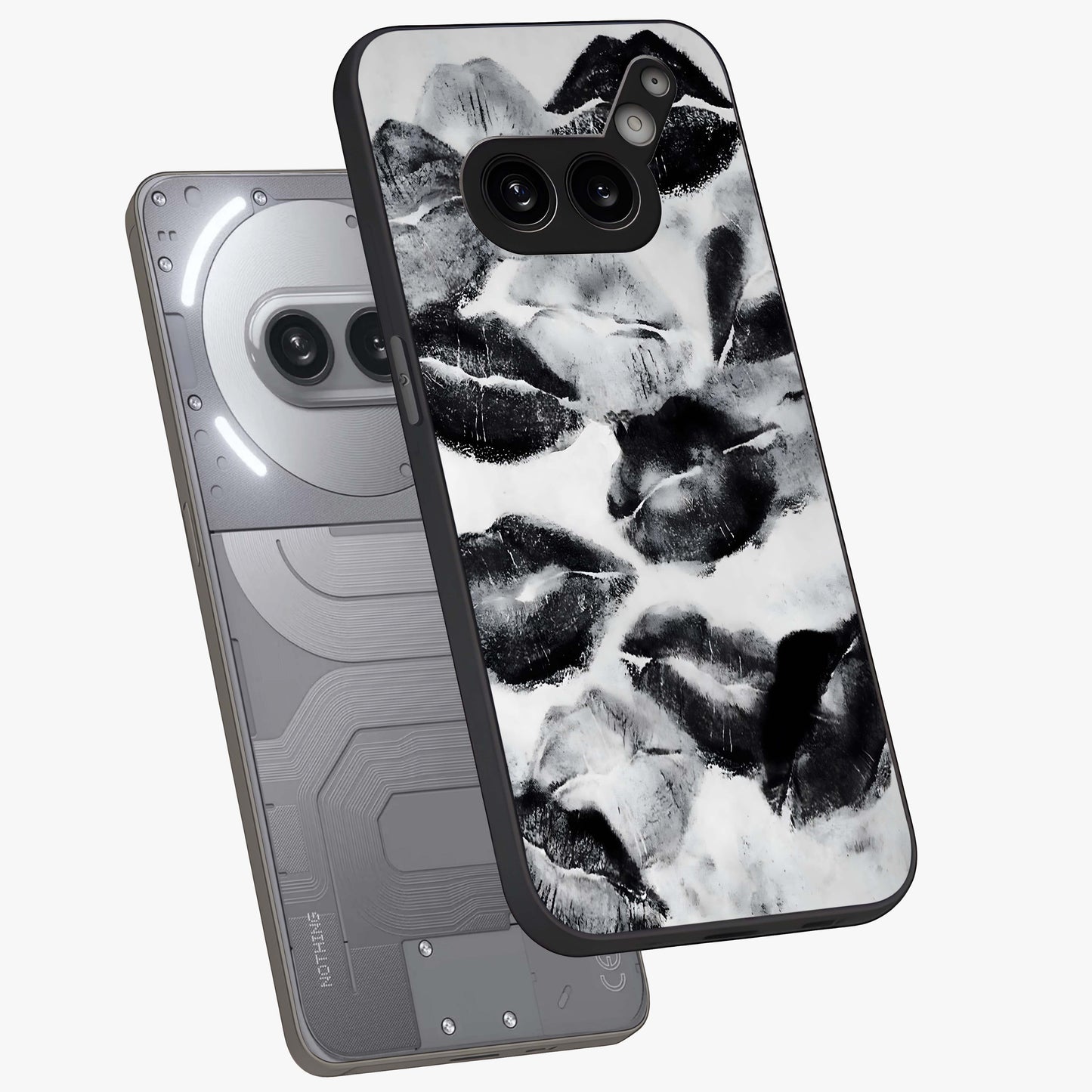 Midnight Kiss Marks Glass Case displayed in angled mockup highlighting playful romantic design with bold midnight aesthetic.