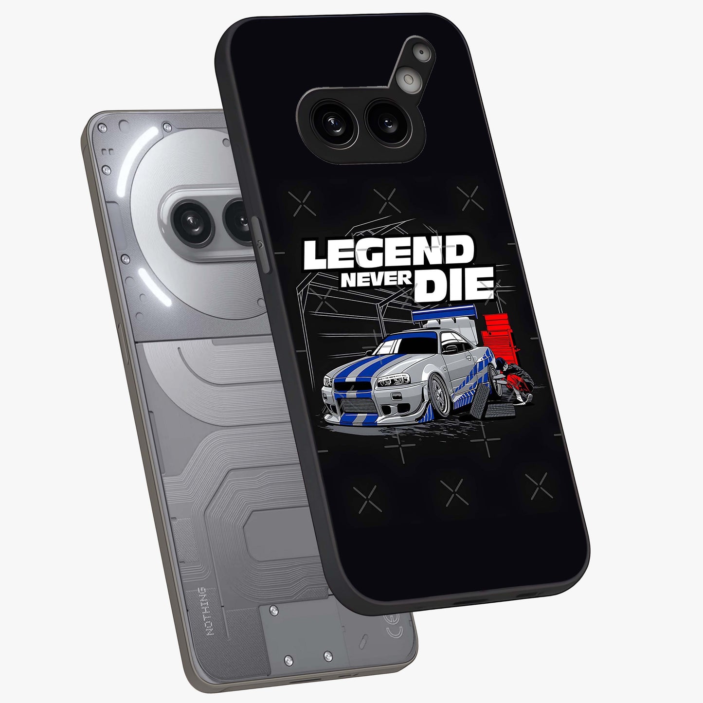 Midnight Racing Legacy Glass Case displayed in angled mockup highlighting dynamic automotive design with bold midnight aesthetic.