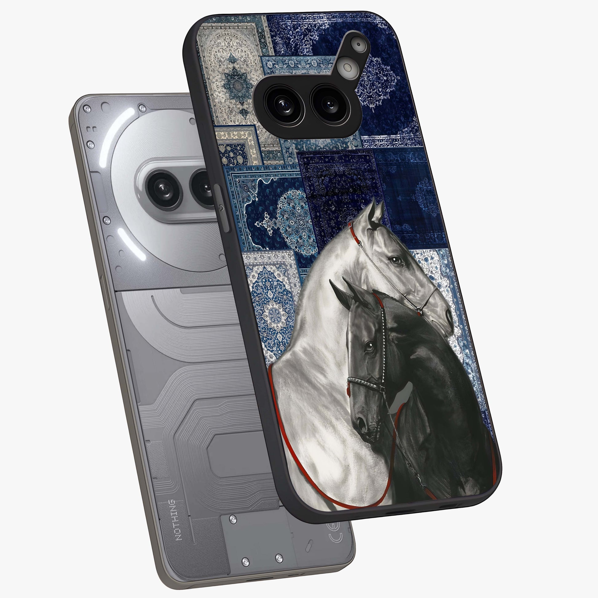 Midnight Stallion Blues Glass Case displayed in angled mockup highlighting powerful stallion illustration with deep midnight tones.