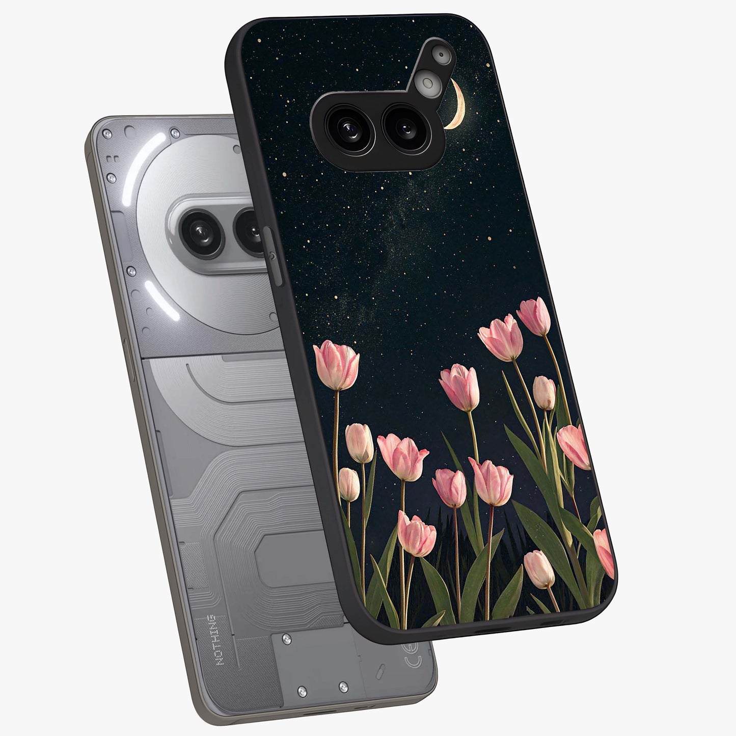 Midnight Tulip Whispers Vibe Glass Case displayed in angled mockup highlighting delicate tulip design with midnight floral aesthetic.