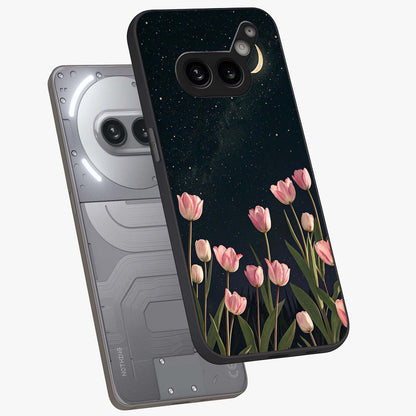 Midnight Tulip Whispers Vibe Glass Case displayed in angled mockup highlighting delicate tulip design with midnight floral aesthetic.