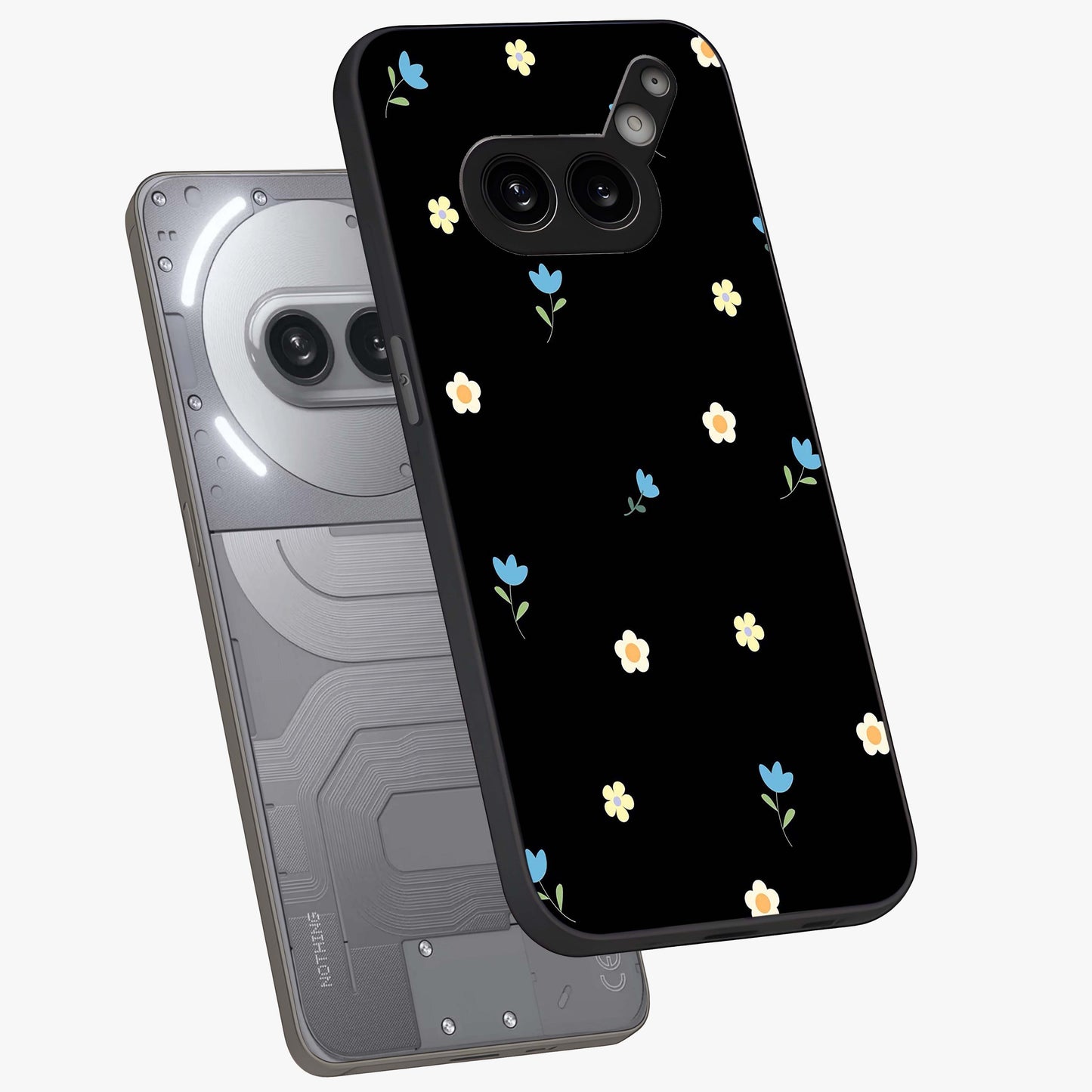 Minimal Petal Whispers Glass Case displayed in angled mockup highlighting delicate petal design with clean minimal aesthetic.