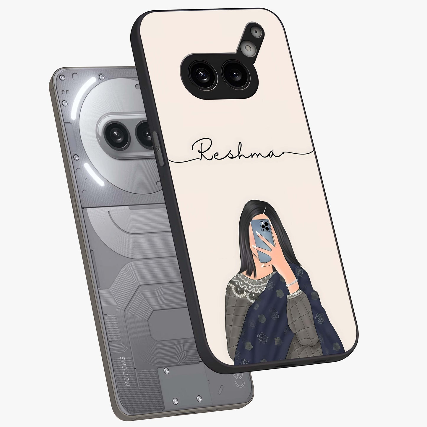 Mirror Mood Muse With Custom Name Glass Case displayed in angled mockup highlighting aesthetic mirror inspired design with custom name feature.