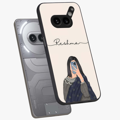 Mirror Mood Muse With Custom Name Glass Case displayed in angled mockup highlighting aesthetic mirror inspired design with custom name feature.