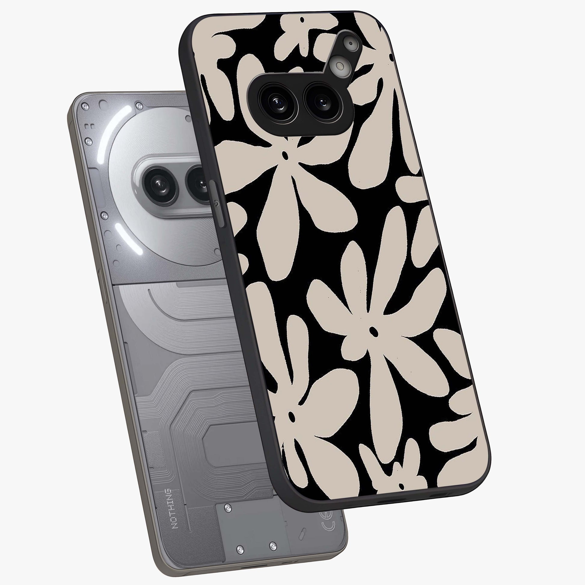Monochrome Petal Dance Glass Case displayed in angled mockup highlighting elegant petal design with black and white aesthetic.