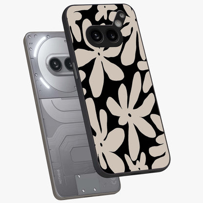 Monochrome Petal Dance Glass Case displayed in angled mockup highlighting elegant petal design with black and white aesthetic.