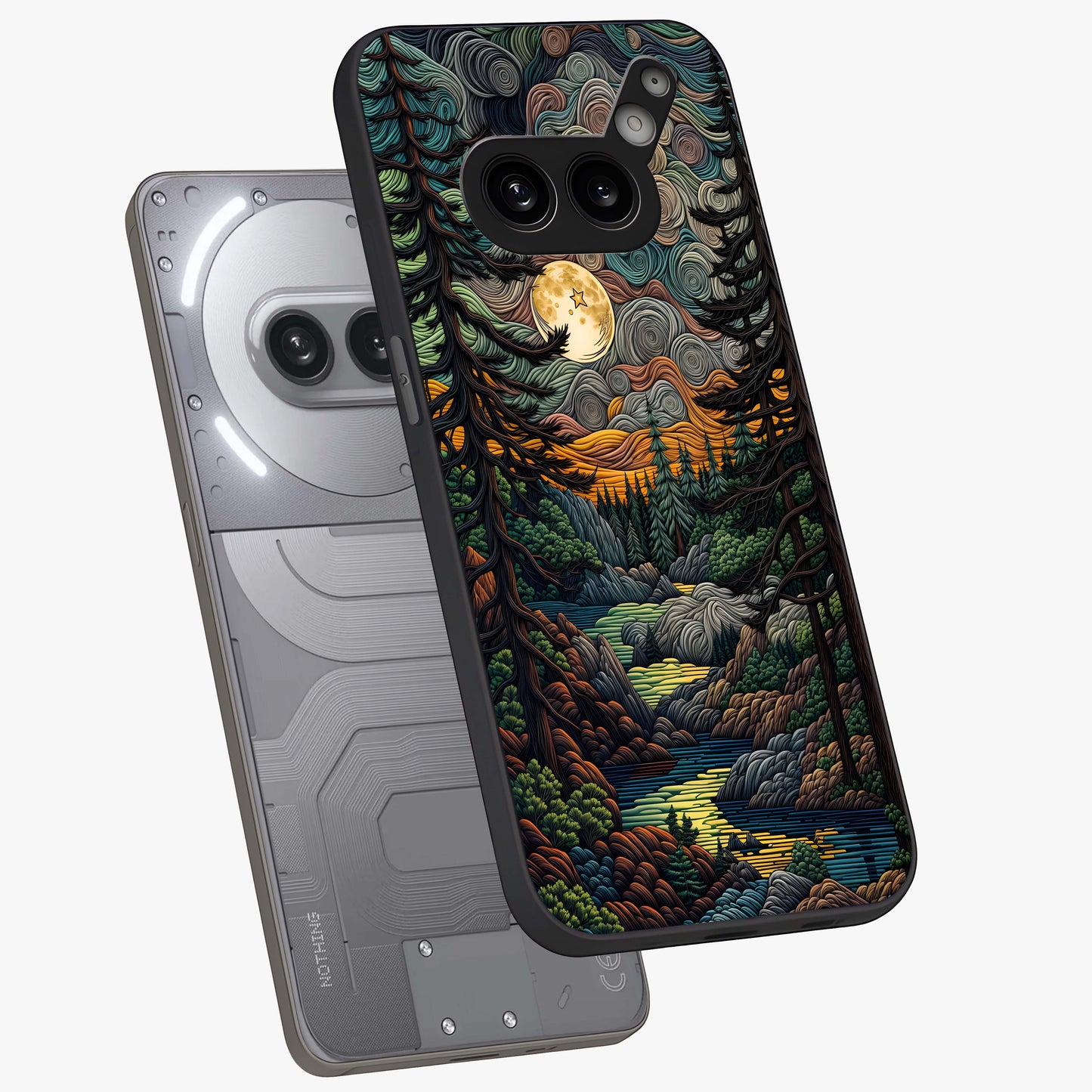 Moonlight Forest Dream Glass Case displayed in angled mockup highlighting dreamy forest design with glowing moon aesthetic.