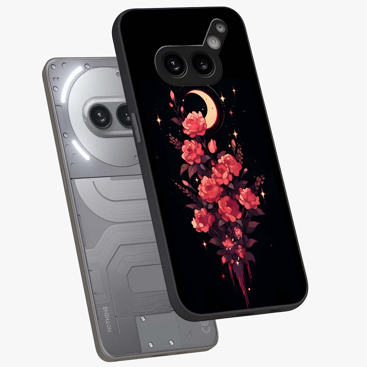 Moonlit Floral Elegance Glass Case displayed in angled mockup highlighting graceful flower design with soft moonlight aesthetic.