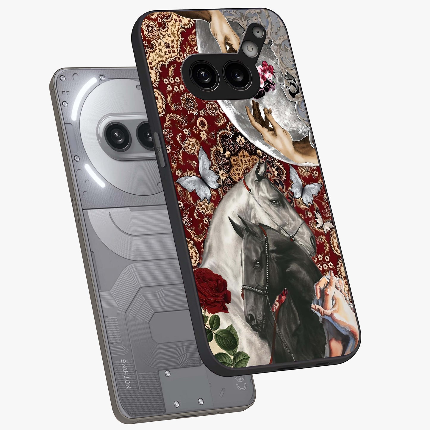Moonlit Royal Stallion Glass Case displayed in angled mockup highlighting powerful stallion illustration with royal night aesthetic.