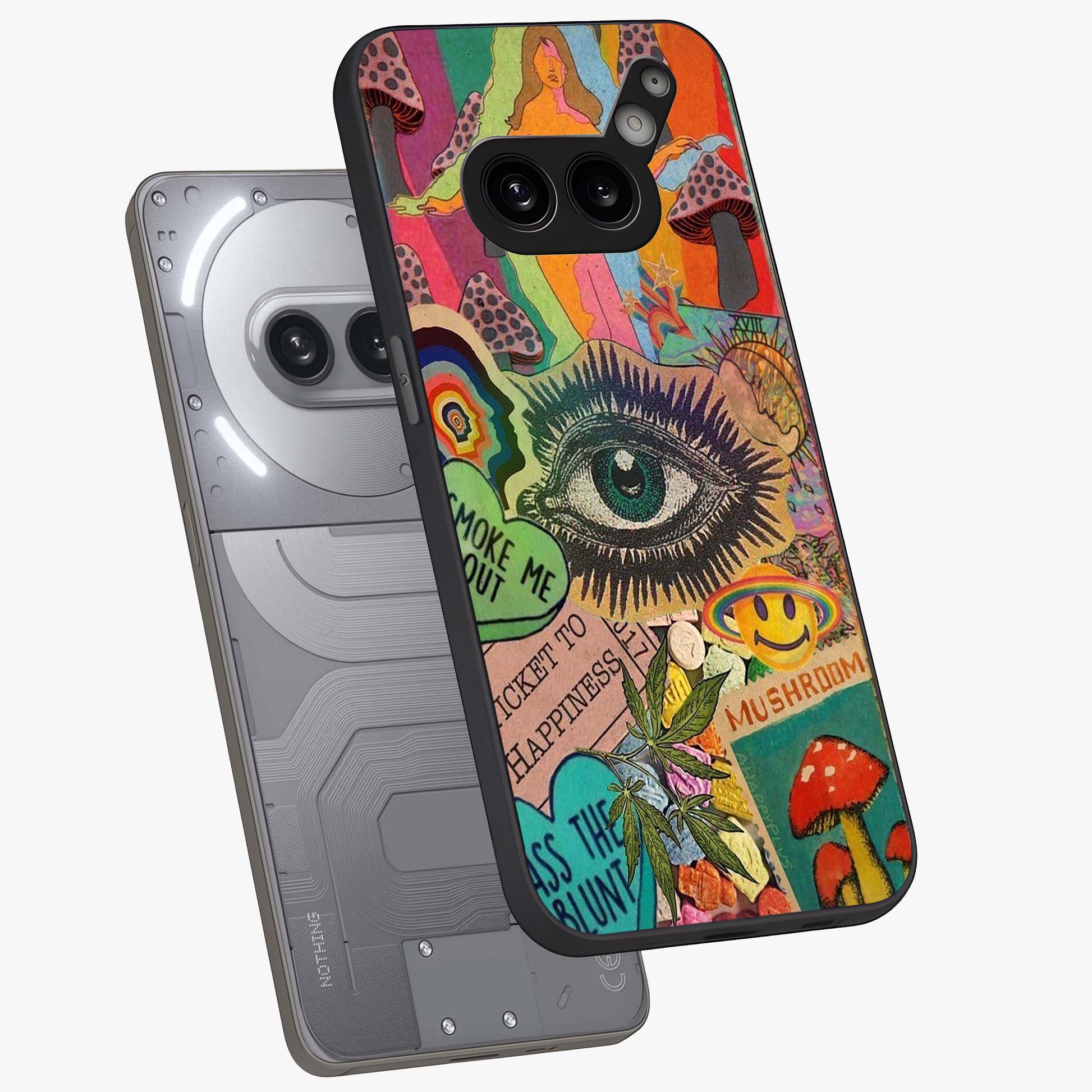 Mystic Eye Wonderland Glass Case displayed in angled mockup highlighting magical eye illustration with dreamy aesthetic.