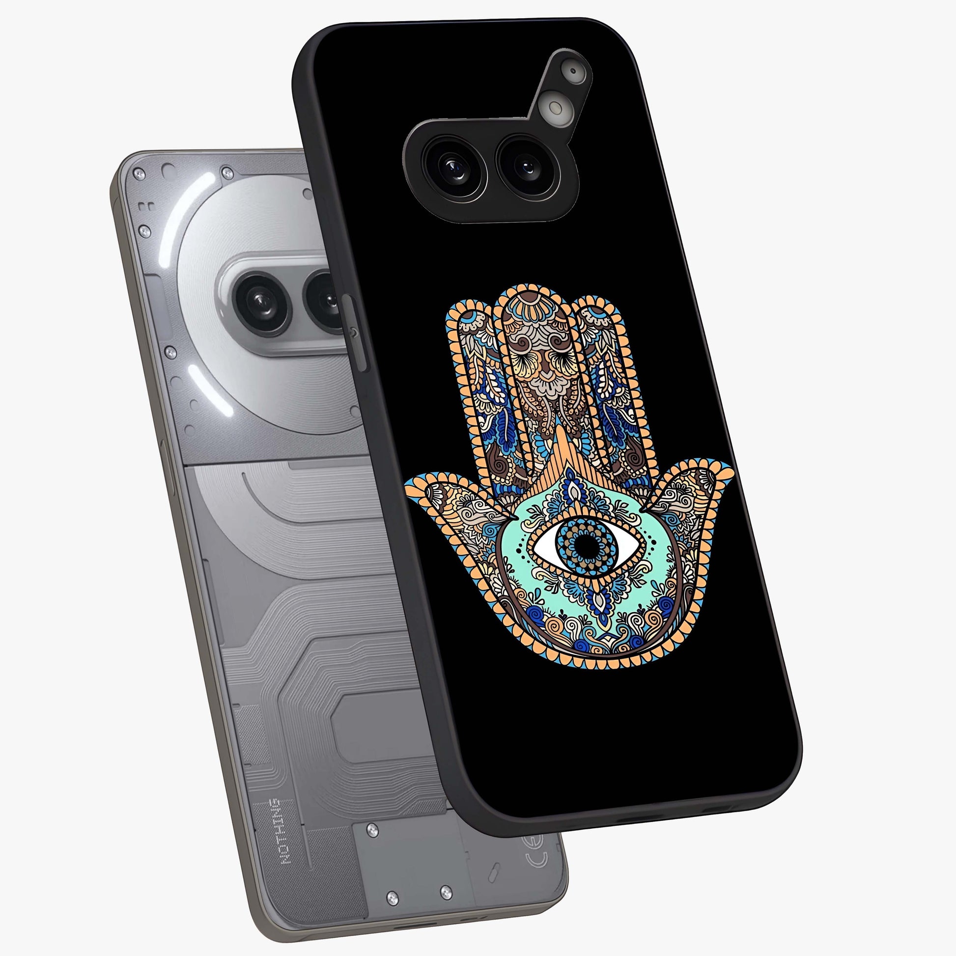 Mystic Hamsa Eye Glass Case displayed in angled mockup highlighting spiritual hamsa symbol with mystical aesthetic style.