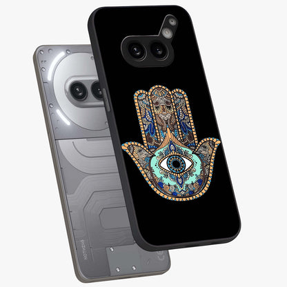 Mystic Hamsa Eye Glass Case displayed in angled mockup highlighting spiritual hamsa symbol with mystical aesthetic style.