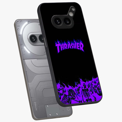 Neon Flame Riot Glass Case displayed in angled mockup highlighting glowing flame design with vibrant neon aesthetic.