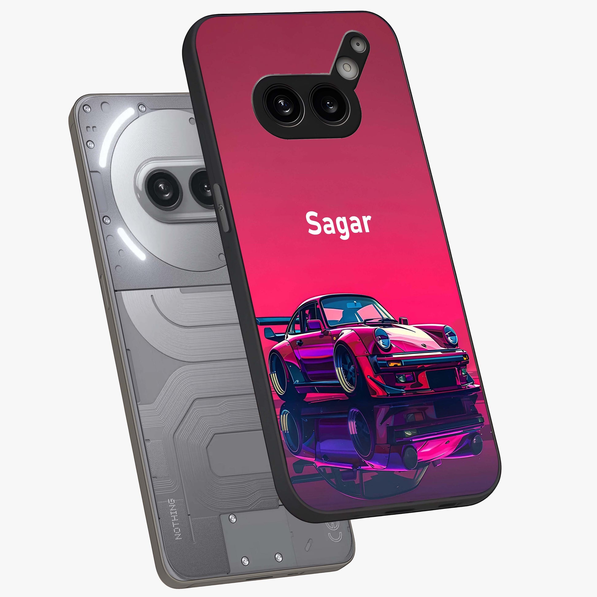 Neon Pink Porsche Glass Case displayed in angled mockup highlighting sleek neon pink car design with racing aesthetic.