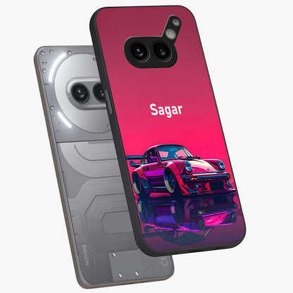 Neon Pink Porsche Glass Case displayed in angled mockup highlighting sleek neon pink car design with racing aesthetic.