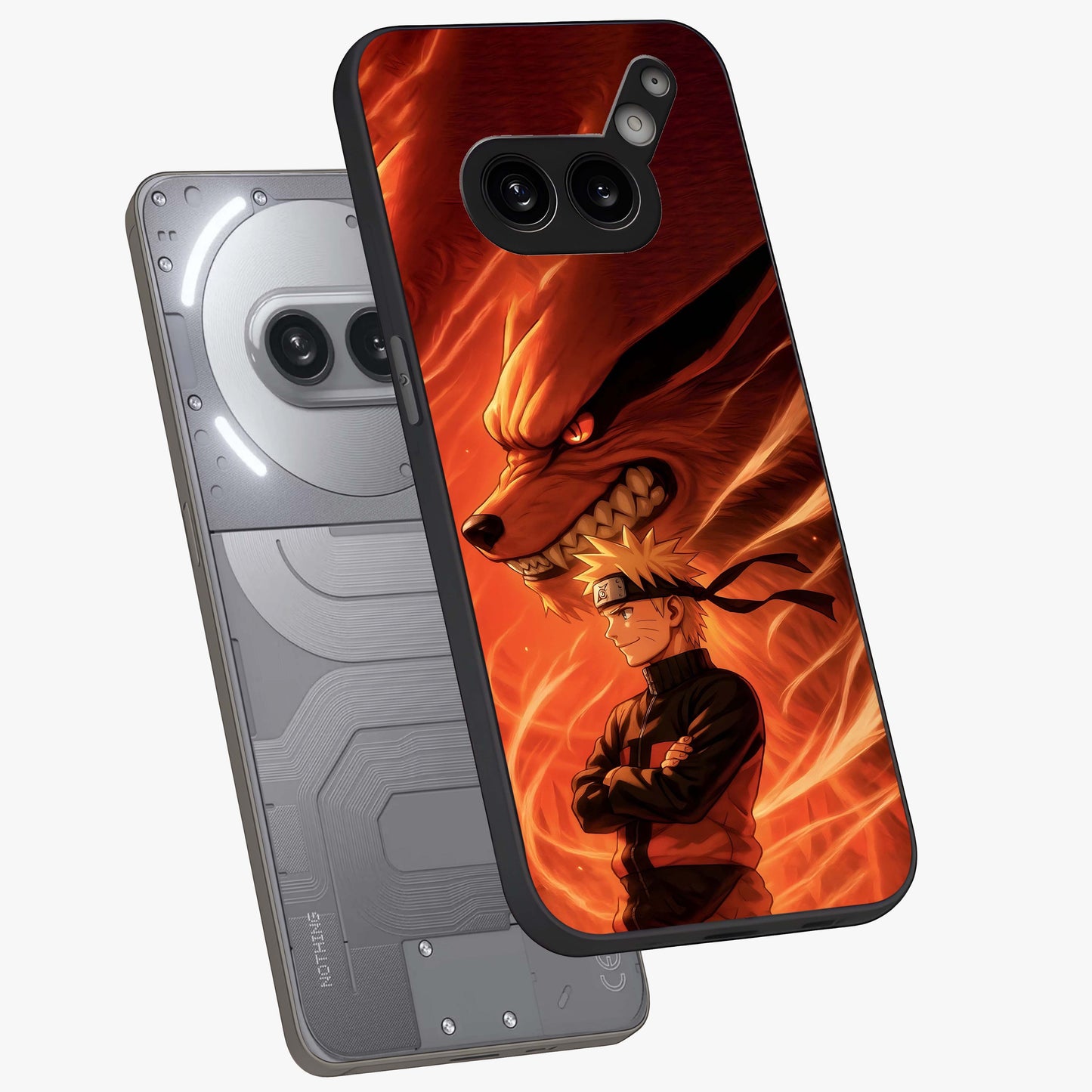 Nine Tails Legacy Glass Case displayed in angled mockup highlighting dynamic anime beast illustration with bold mystical aesthetic.