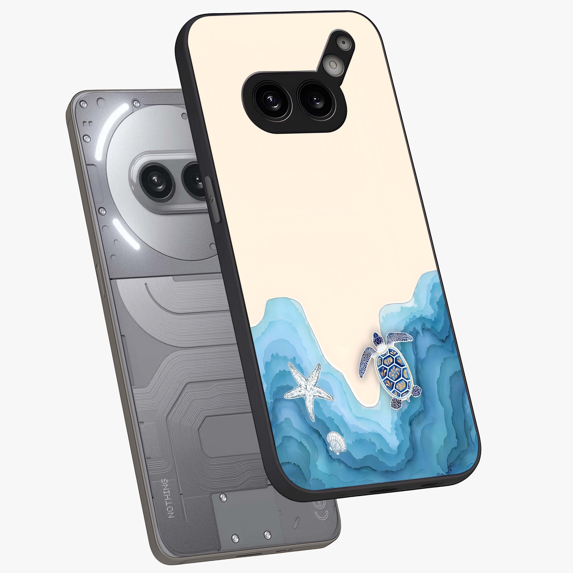 Ocean Drift Turtle Glass Case displayed in angled mockup highlighting peaceful ocean turtle illustration with marine aesthetic.
