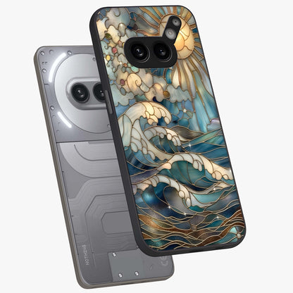 Oceanic Stained Printed Glass Case displayed in angled mockup highlighting colorful aquatic design with artistic aesthetic style.