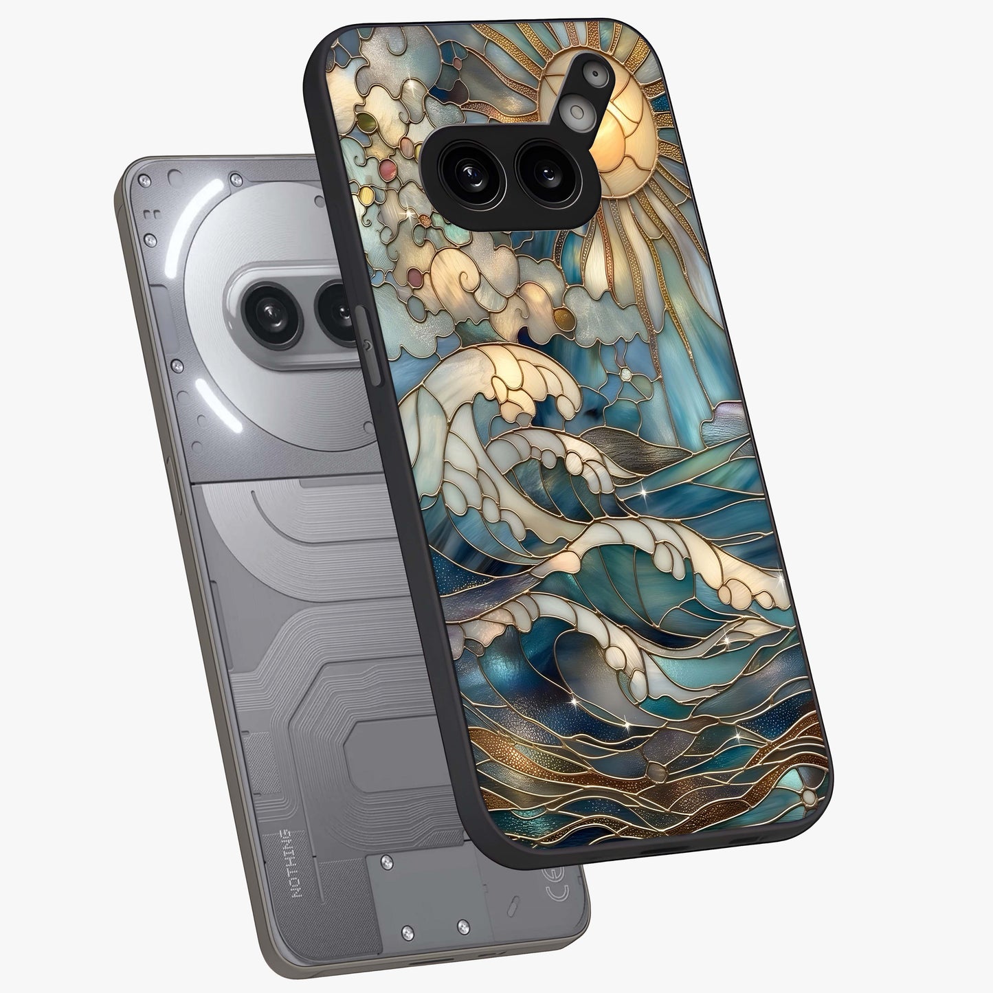 Oceanic Stained Printed Glass Case displayed in angled mockup highlighting colorful aquatic design with artistic aesthetic style.