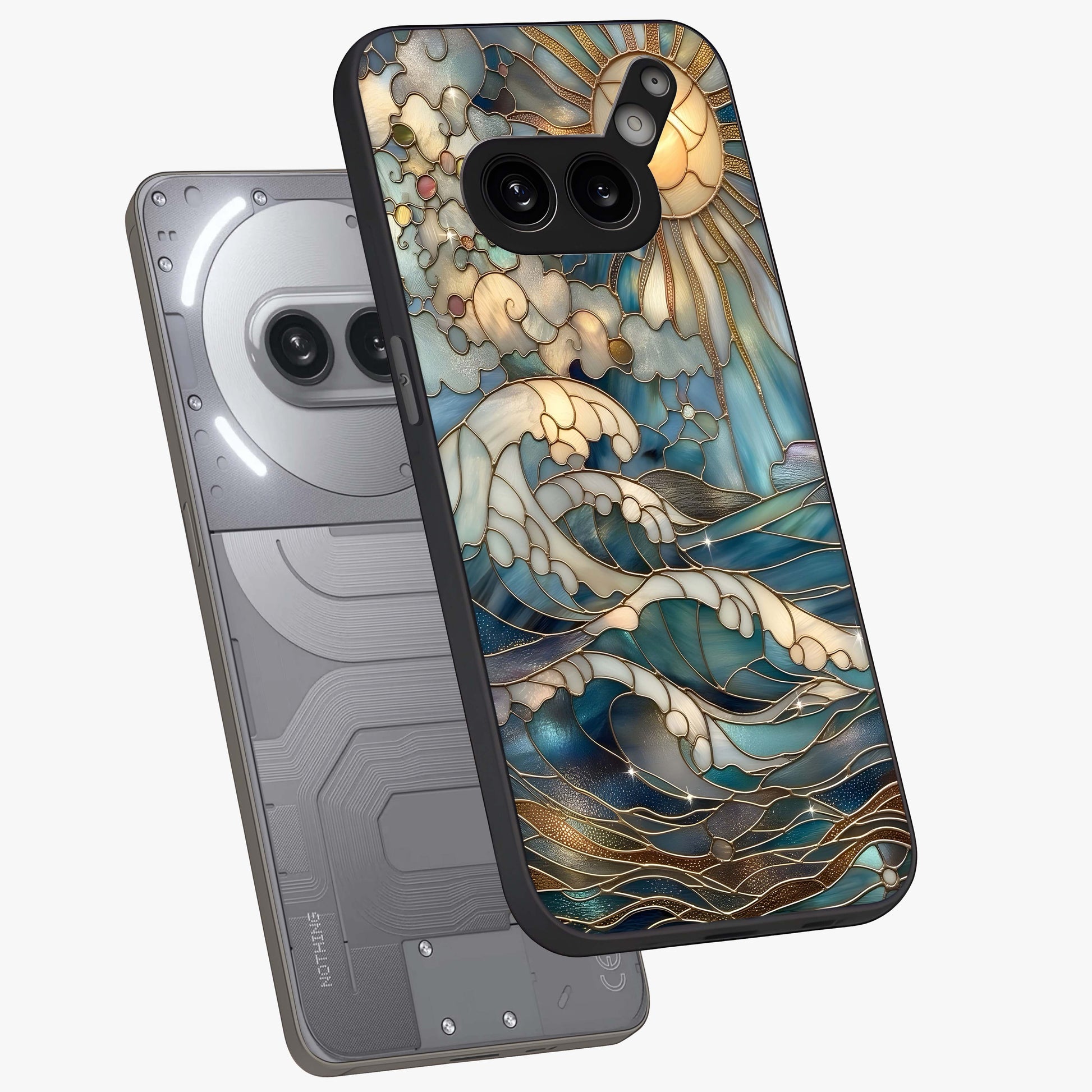 Oceanic Stained Printed Glass Case displayed in angled mockup highlighting colorful aquatic design with artistic aesthetic style.