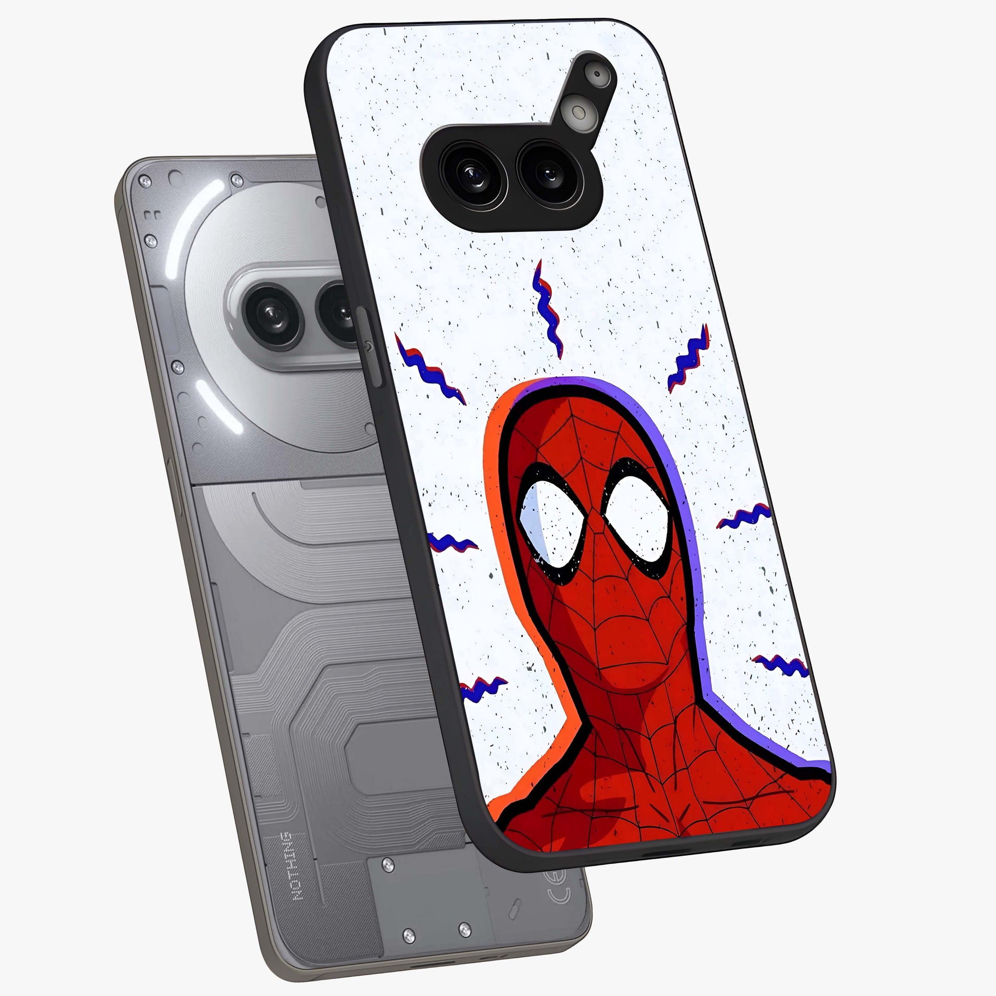 Omg Spiderman Glass Case displayed in angled mockup highlighting dynamic hero illustration with action comic aesthetic.