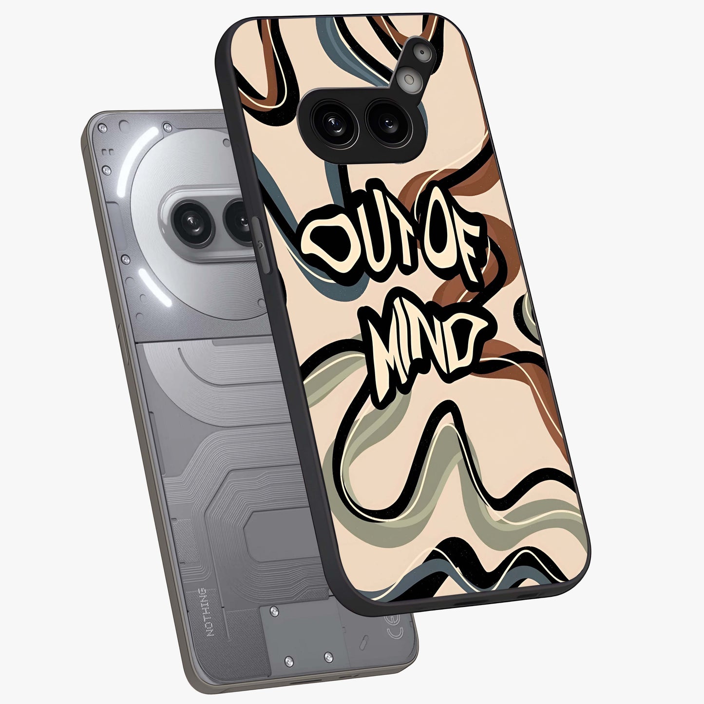 Out Of Mind Glass Case displayed in angled mockup highlighting bold statement design with modern artistic aesthetic.