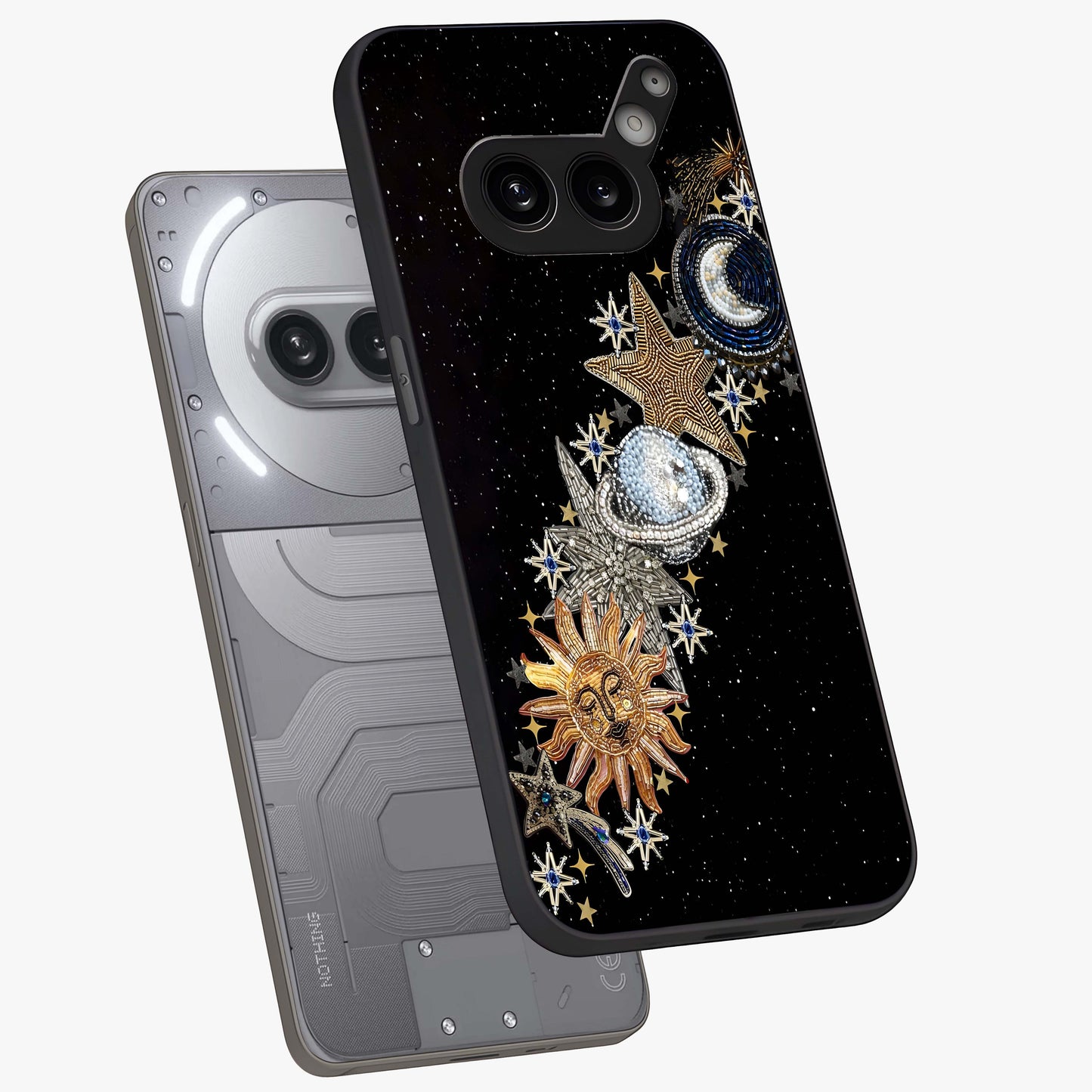 Pearls Universe Object Glass Case displayed in angled mockup highlighting celestial pearl design with dreamy aesthetic.