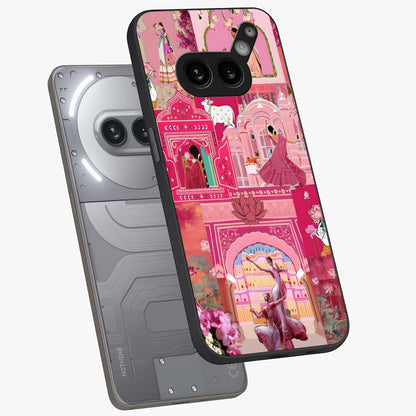 Pink Palace Muse Glass Case displayed in angled mockup highlighting dreamy palace illustration with soft pink aesthetic.