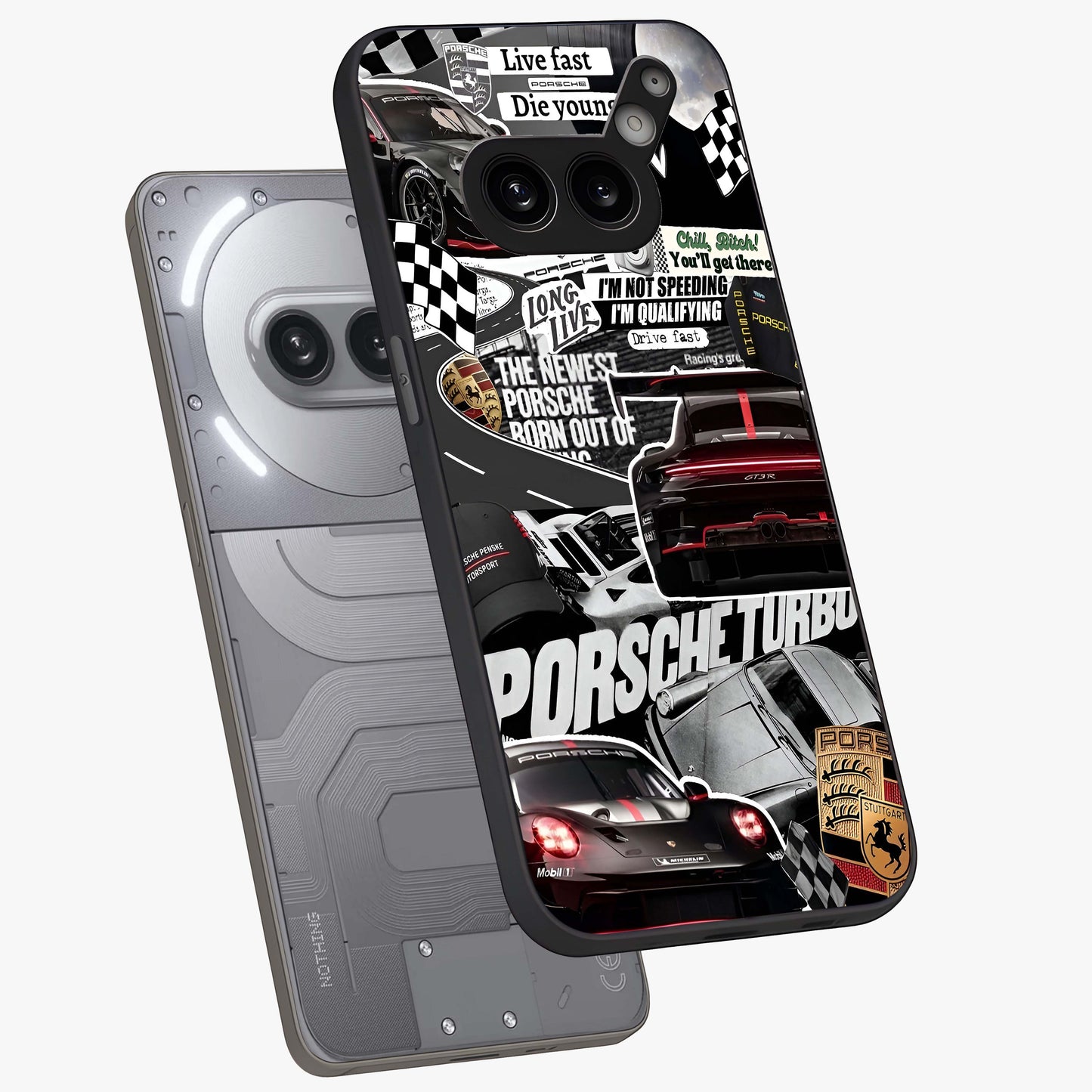 Porsche Racing Collage Glass Case displayed in angled mockup highlighting dynamic automotive design with bold racing aesthetic.