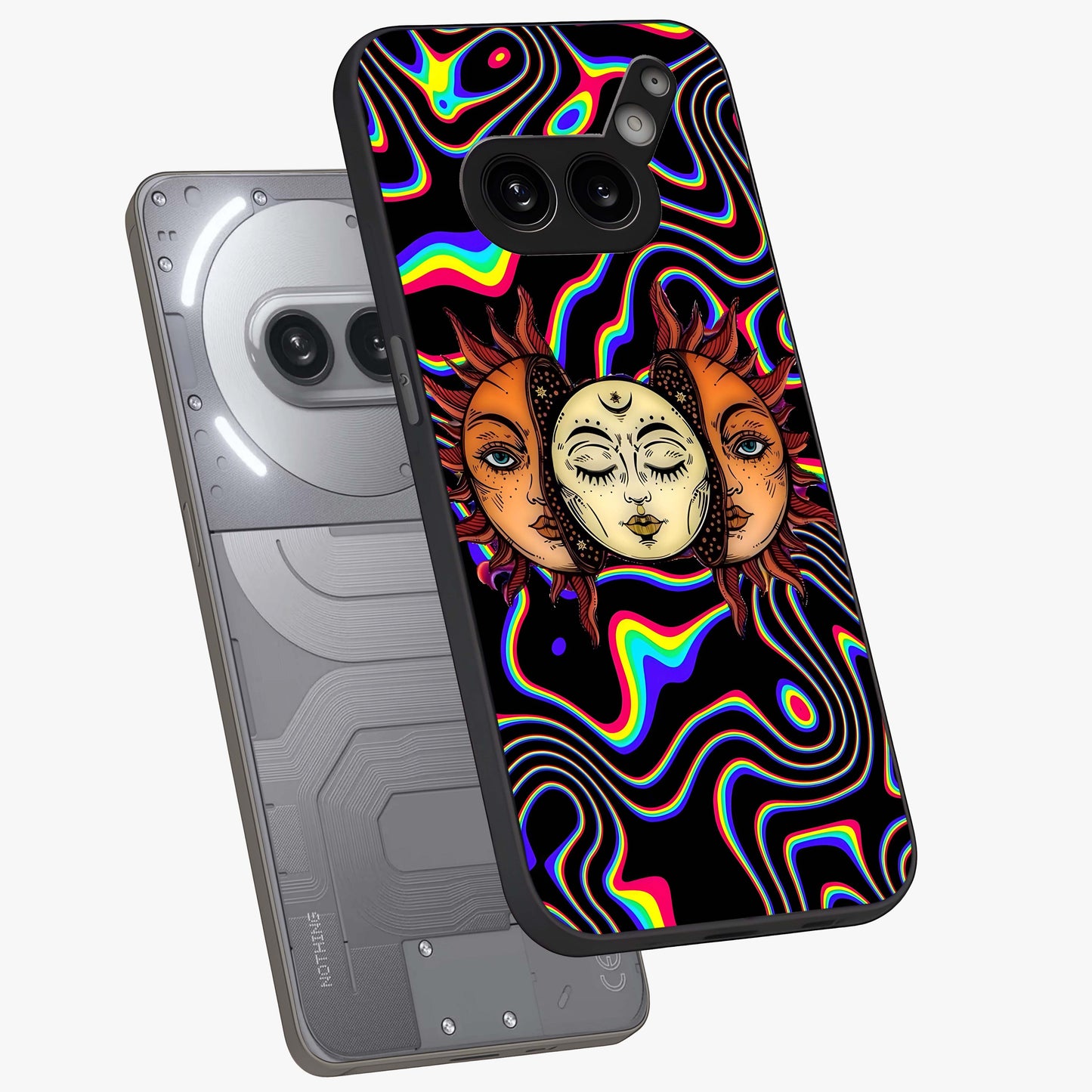 Psychedelic Sun Glass Case displayed in angled mockup highlighting vibrant abstract sun design with artistic aesthetic style.