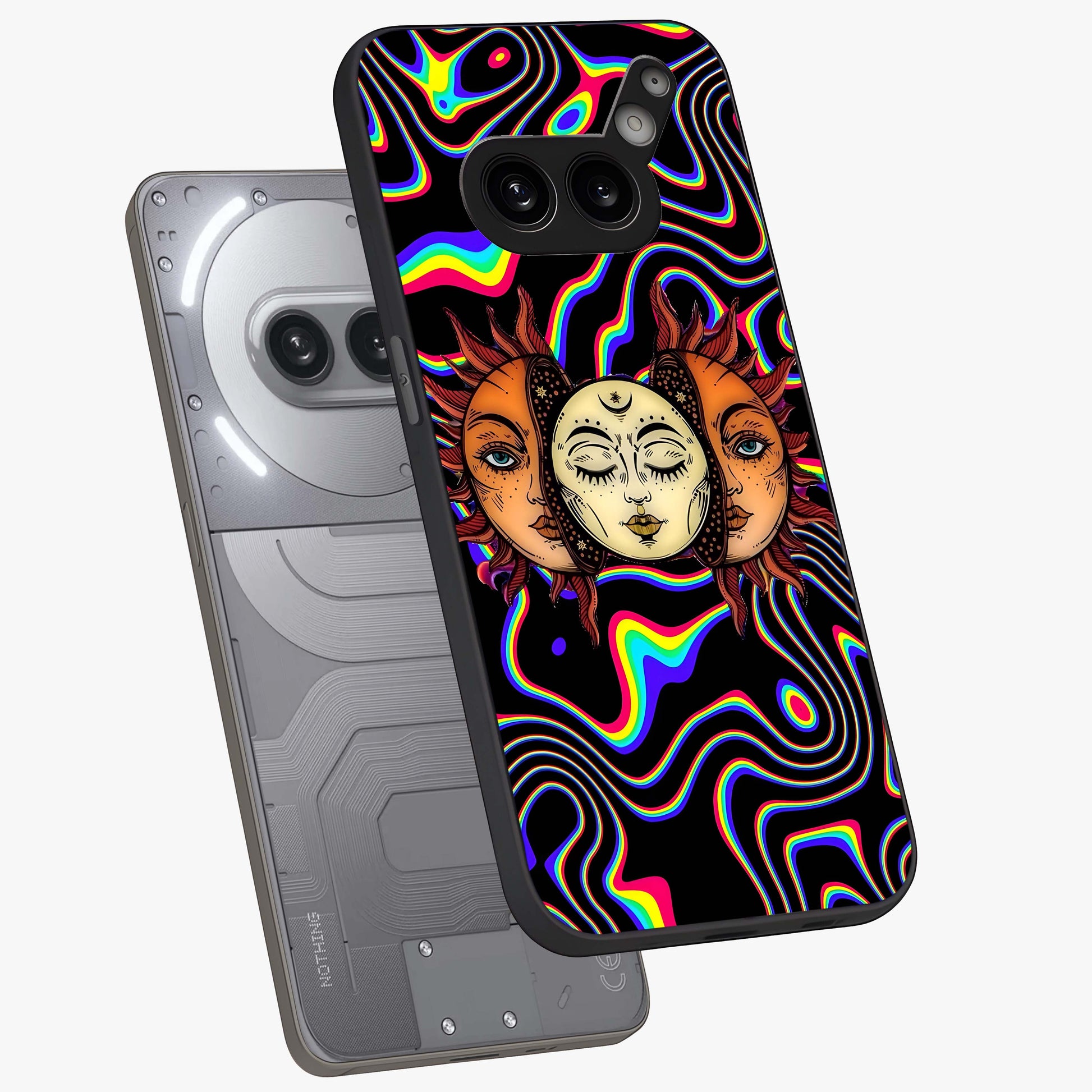 Psychedelic Sun Glass Case displayed in angled mockup highlighting vibrant abstract sun design with artistic aesthetic style.