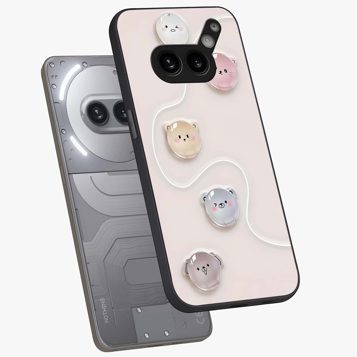 Puffy Face Parade Glass Case displayed in angled mockup highlighting playful cartoon face design with fun aesthetic.
