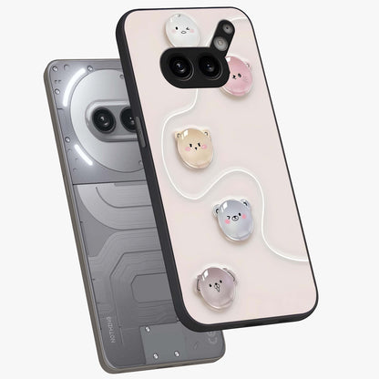 Puffy Face Parade Glass Case displayed in angled mockup highlighting playful cartoon face design with fun aesthetic.