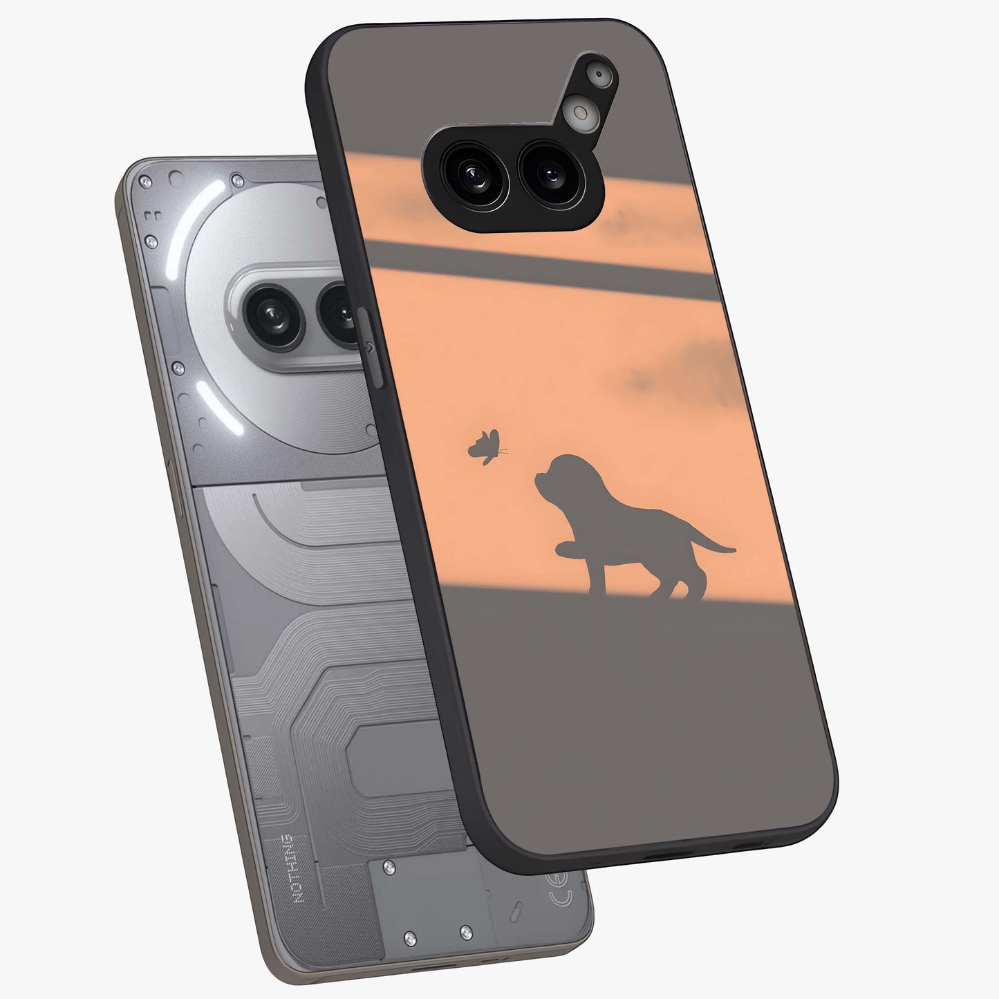 Puppy Shadow Art Glass Case displayed in angled mockup highlighting playful dog illustration with artistic shadow aesthetic.
