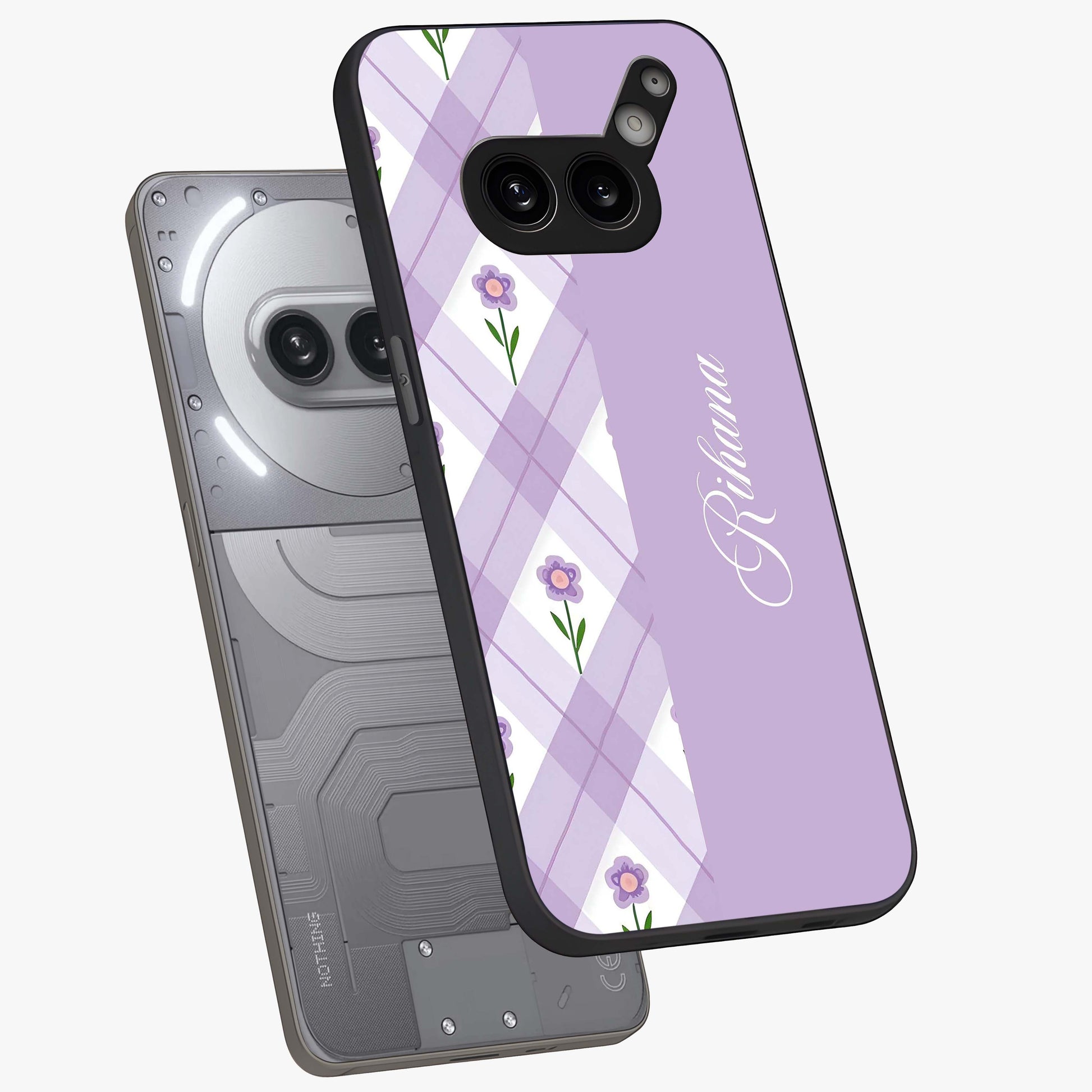Purple Diamond Floral Glass Case displayed in angled mockup highlighting elegant purple flower design with decorative pattern.