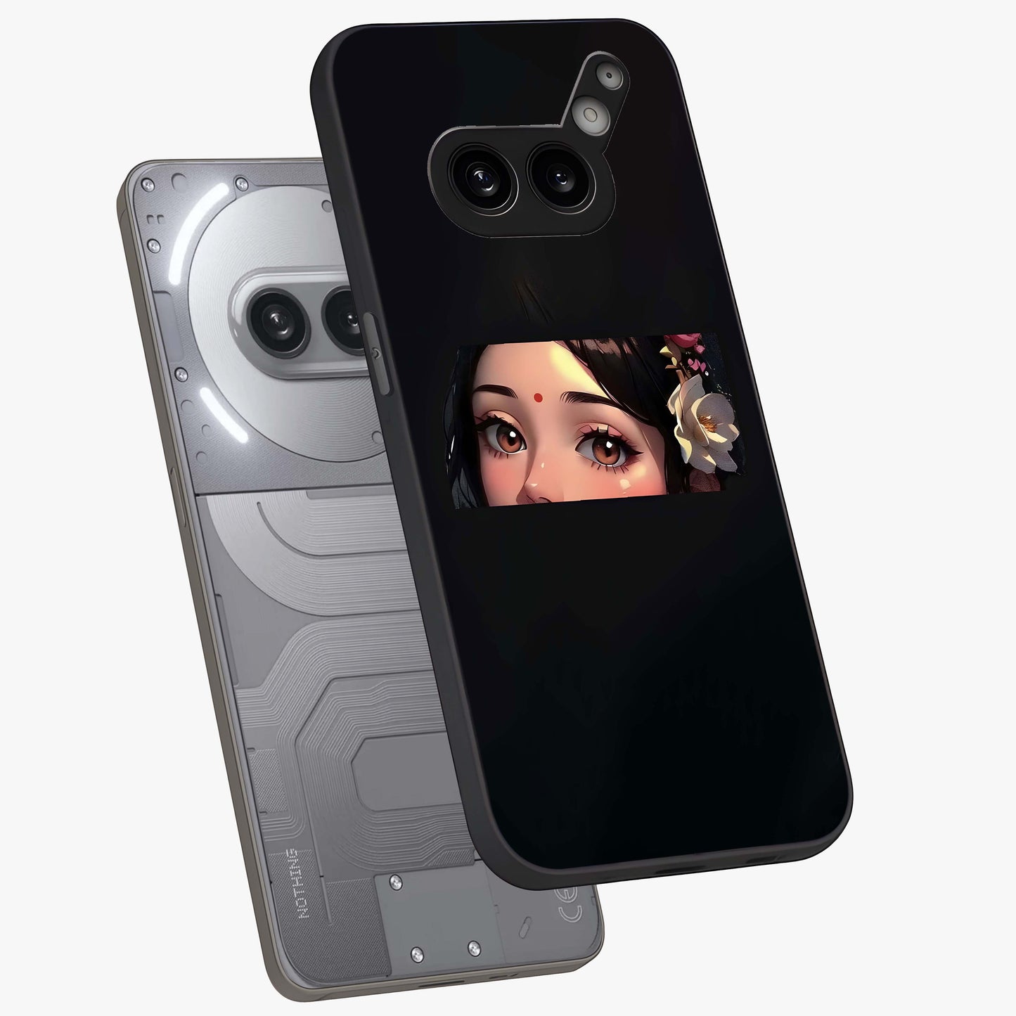 Radha Divine Embrace Glass Case displayed in angled mockup highlighting graceful spiritual illustration with divine aesthetic.