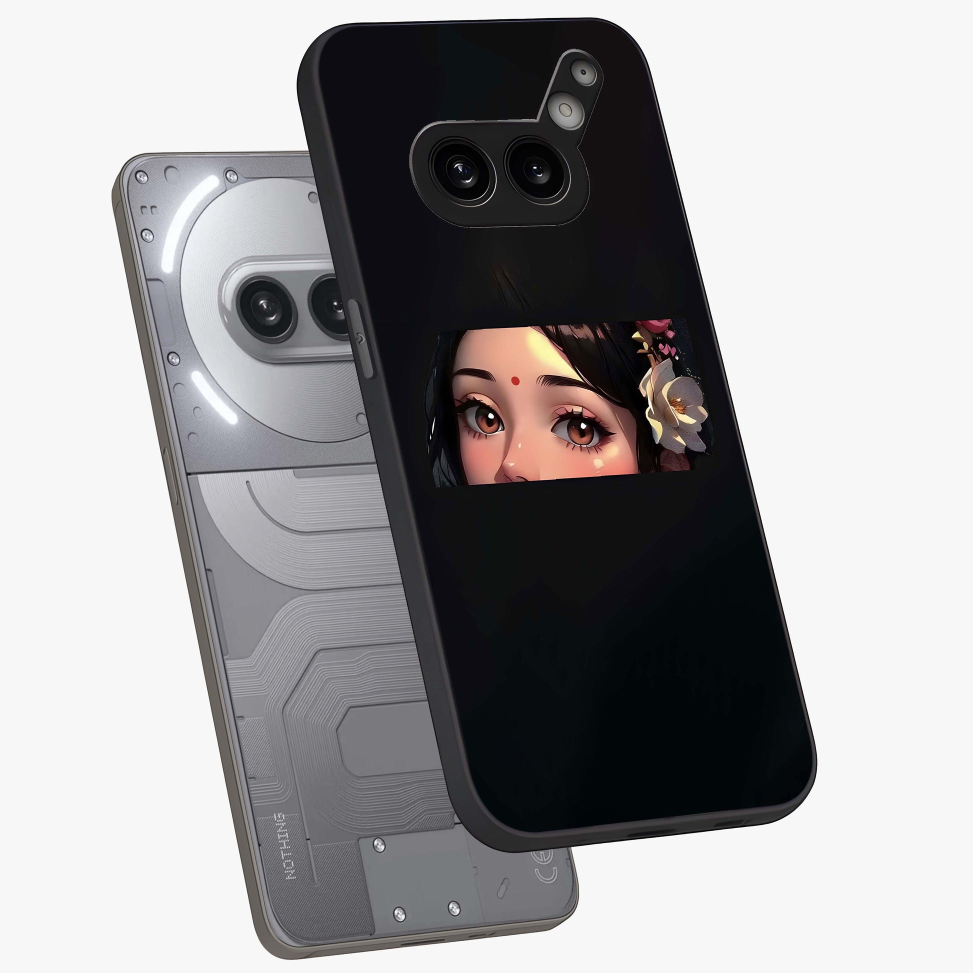 Radha Divine Embrace Glass Case displayed in angled mockup highlighting graceful spiritual illustration with divine aesthetic.