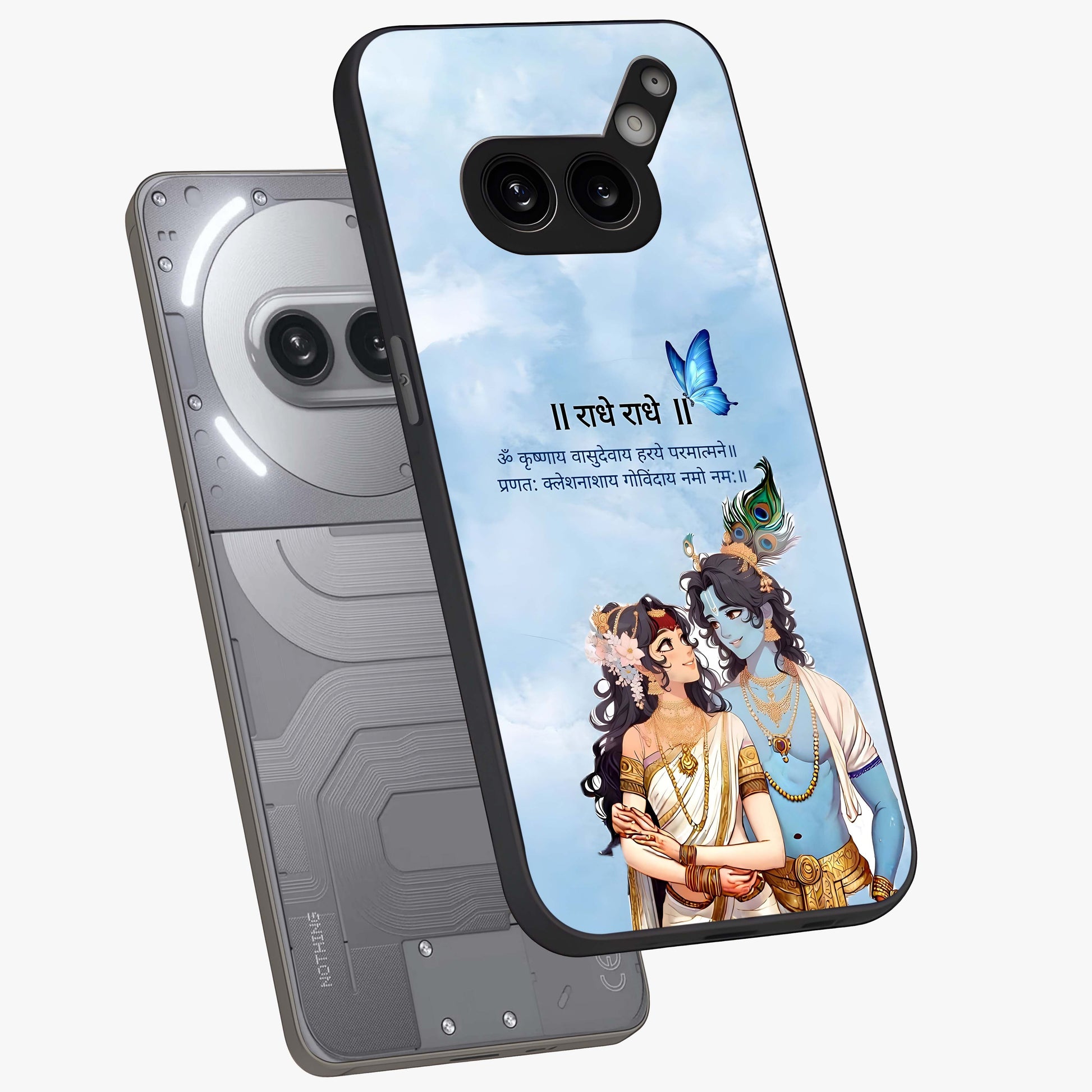 Radha Krishna Eternal Glass Case displayed in angled mockup highlighting divine Radha Krishna illustration with spiritual aesthetic.