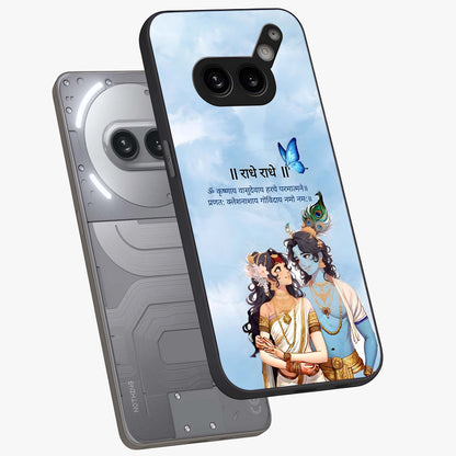 Radha Krishna Eternal Glass Case displayed in angled mockup highlighting divine Radha Krishna illustration with spiritual aesthetic.