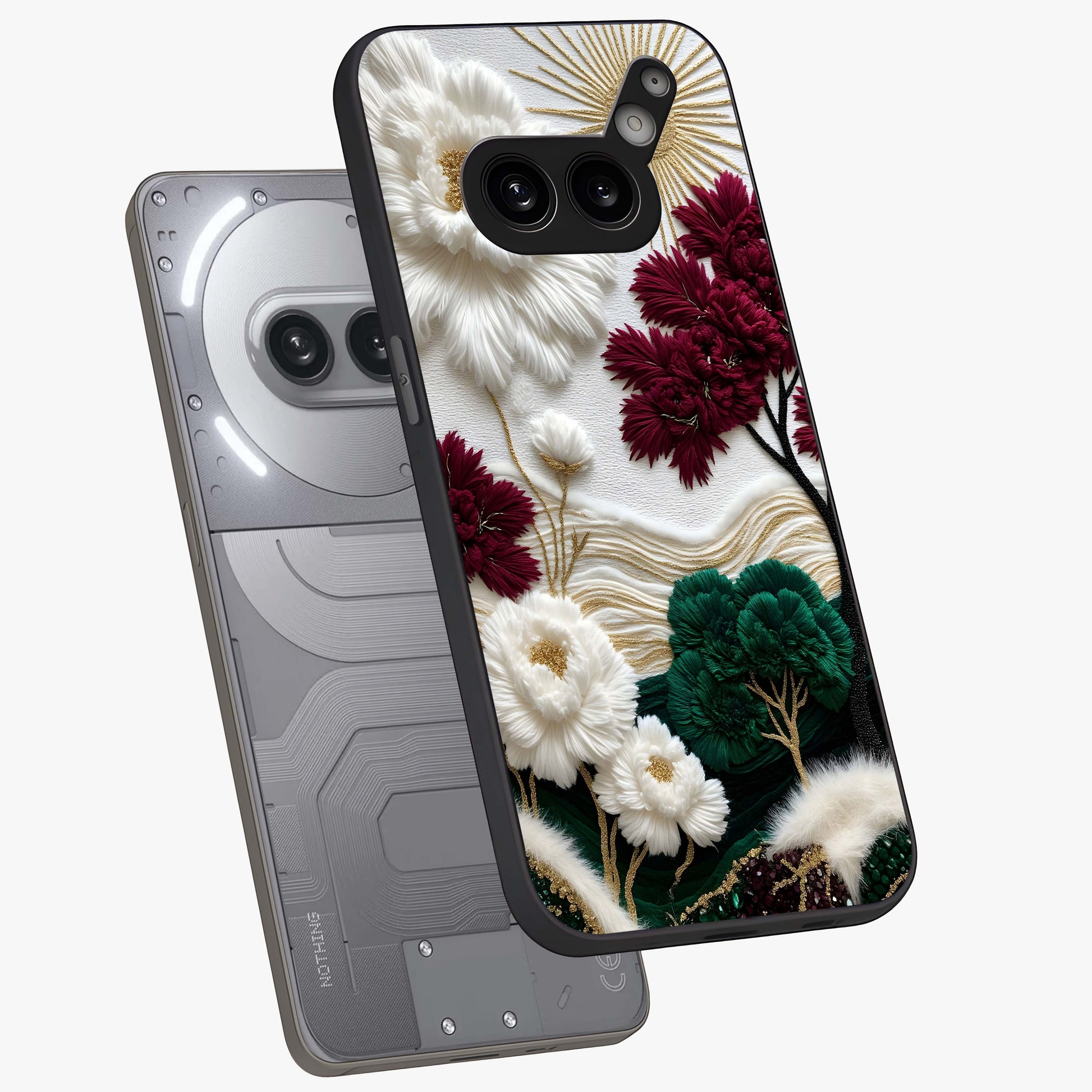 Radiant Bloom Elegance Glass Case displayed in angled mockup highlighting graceful floral design with radiant aesthetic style.