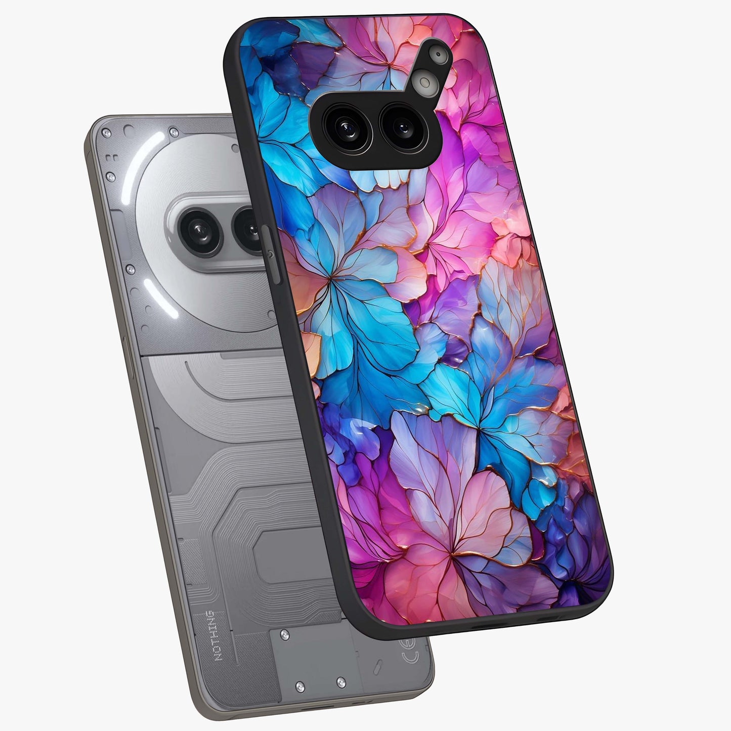 Radiant Floral Whirl Glass Case displayed in angled mockup highlighting vibrant flower pattern with dynamic artistic aesthetic.