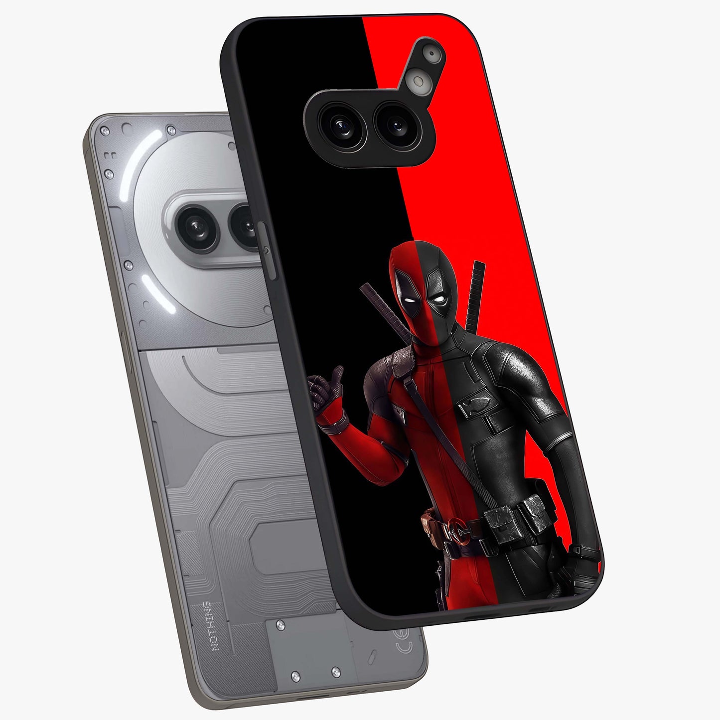 Red & Black Deadpool Theme Glass Case displayed in angled mockup highlighting vibrant superhero style illustration with action aesthetic.