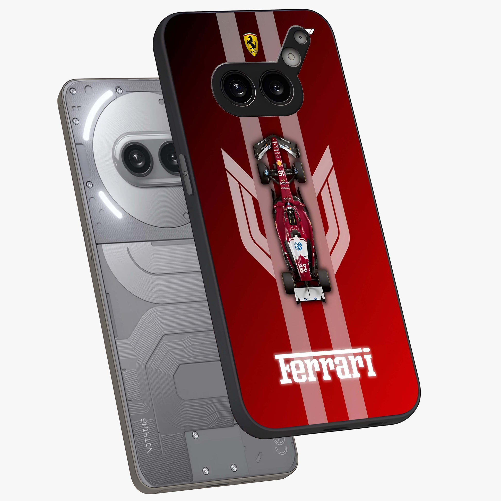 Red Ferrari F1 Vertical Glass Case displayed in angled mockup highlighting high speed racing design with bold automotive aesthetic.