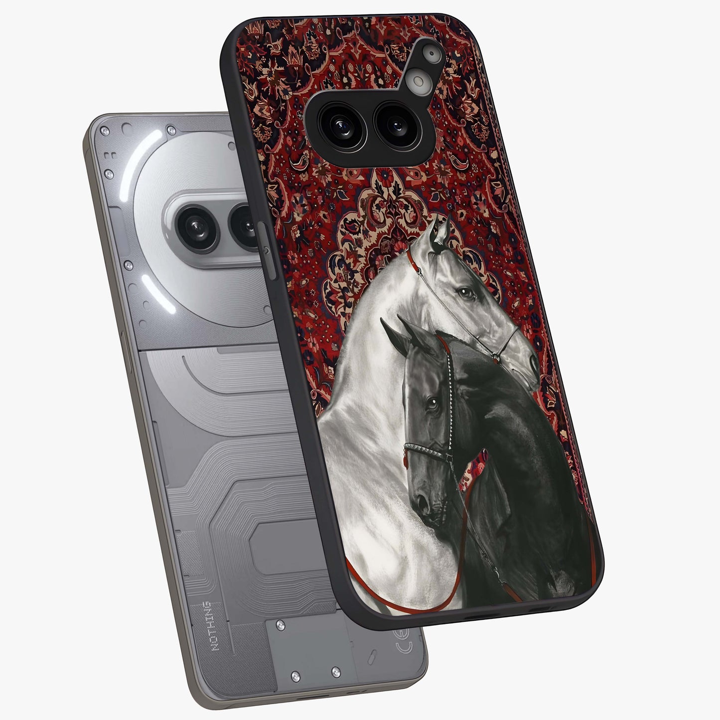 Regal Stallion Tapestry Glass Case displayed in angled mockup highlighting royal stallion design with decorative heritage aesthetic.