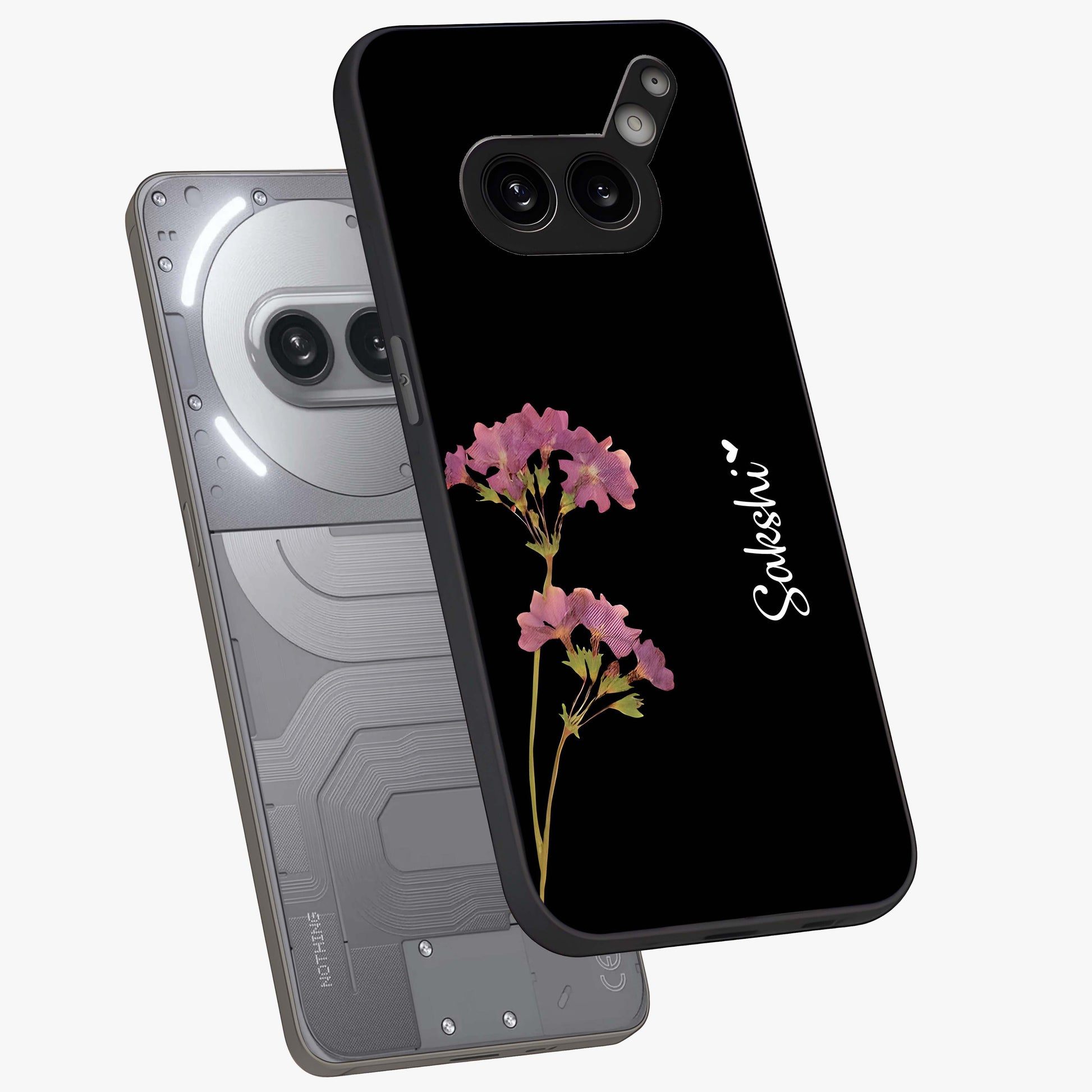 Riching Lavender Flower Custom Name Glass Case displayed in angled mockup highlighting delicate lavender flower design with custom name feature.