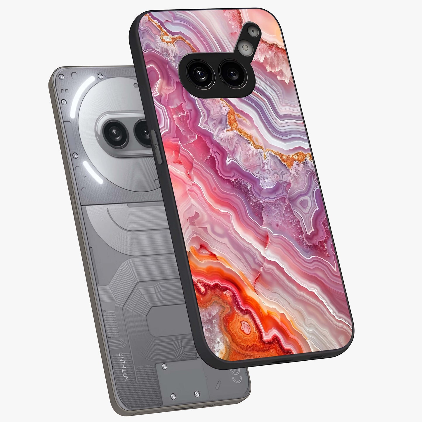Rose Quartz Marble Glass Case displayed in angled mockup highlighting elegant marble pattern with soft aesthetic style.