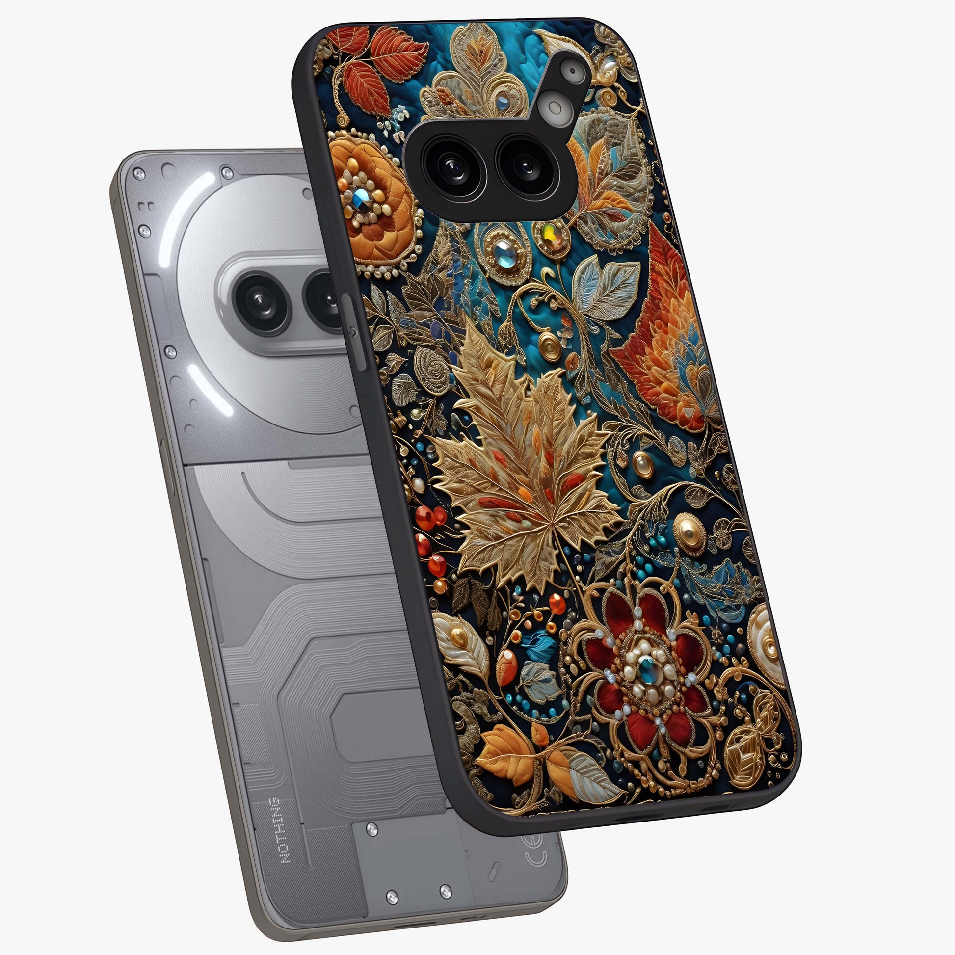 Royal Jewel Garden Glass Case displayed in angled mockup highlighting vibrant jewel inspired floral design with elegant aesthetic.